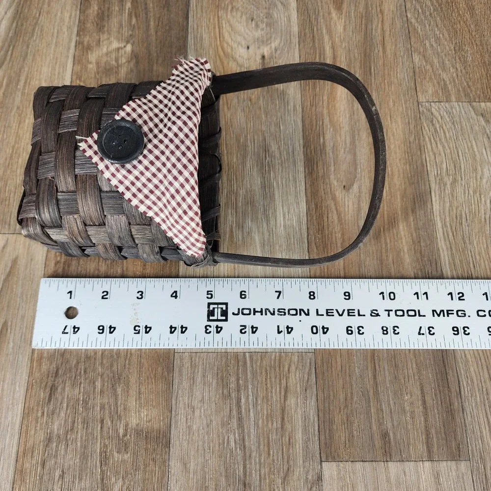 Vintage Woven Basket Espresso Brown Gingham Fabric Button Primitive Decor 9in